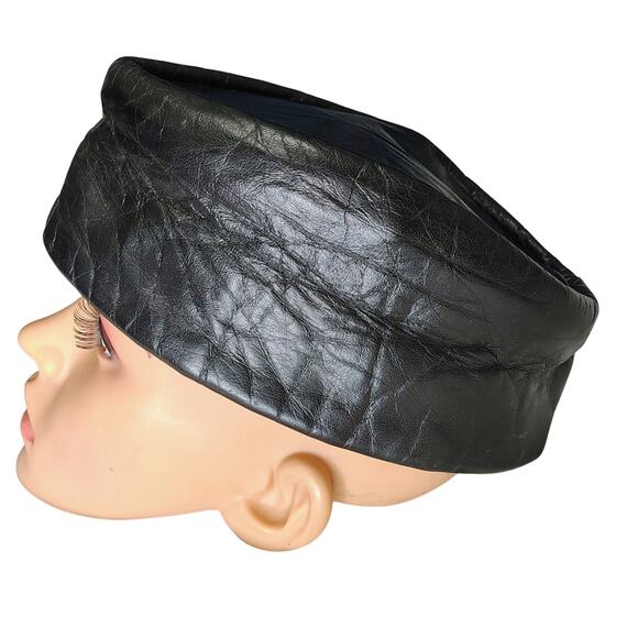1960s Black Genuine Leather Oblong Cap Hat Made in USA Size Large Gently Used - Picture 4 of 9
